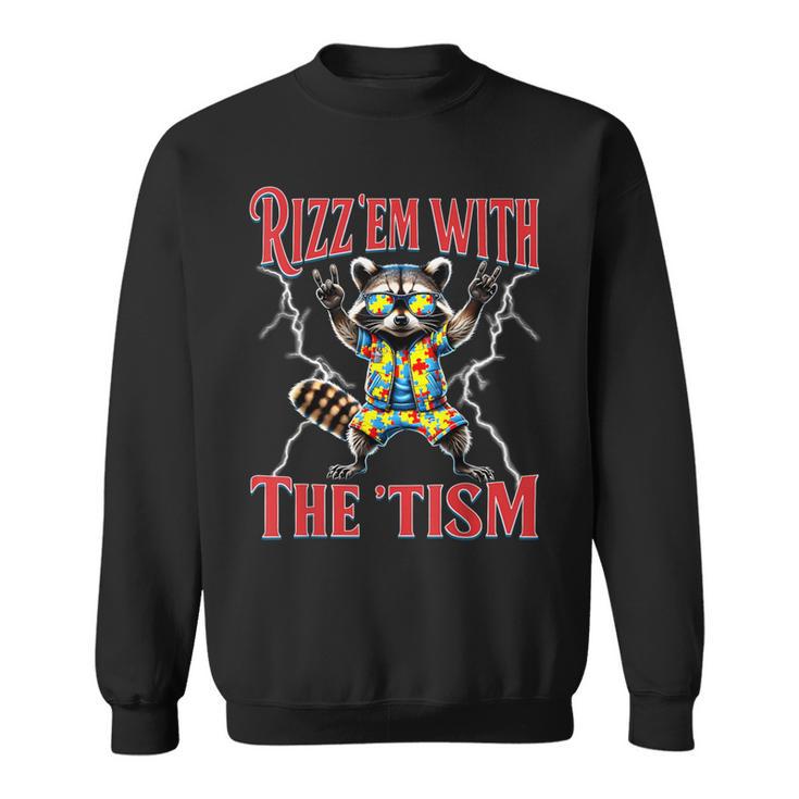 Autism Rizz Em With The Tism Meme Autistic Racoon Hand Rock Sweatshirt