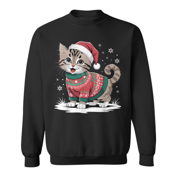 Cat Wearing Ugly Christmas Jumper And Santa Hat Cute Kitten Sweatshirt