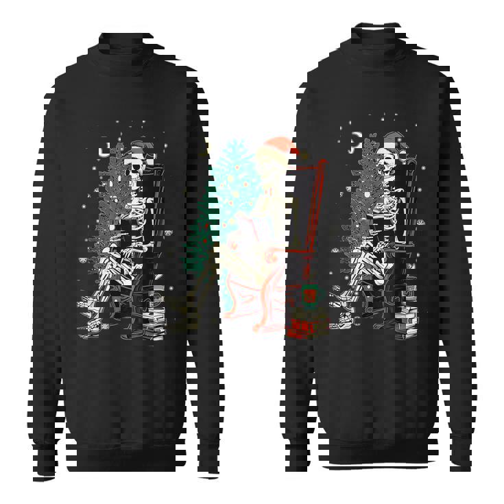 Skeleton Santa Christmas Tree Reading Book Book Worm Sweatshirt
