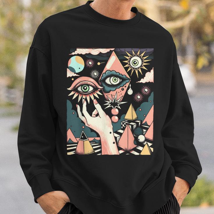 Vintage Abstracto Cuadros Surrealista Arte Ojos Pirámide Camisa de entrenamiento Regalos para él