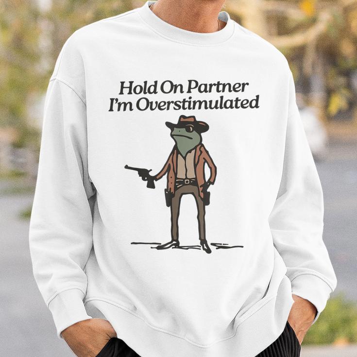 Hold On Partner I'm Overstimulated Cowboy Frogintage Gray Sweatshirt Geschenke für Ihn