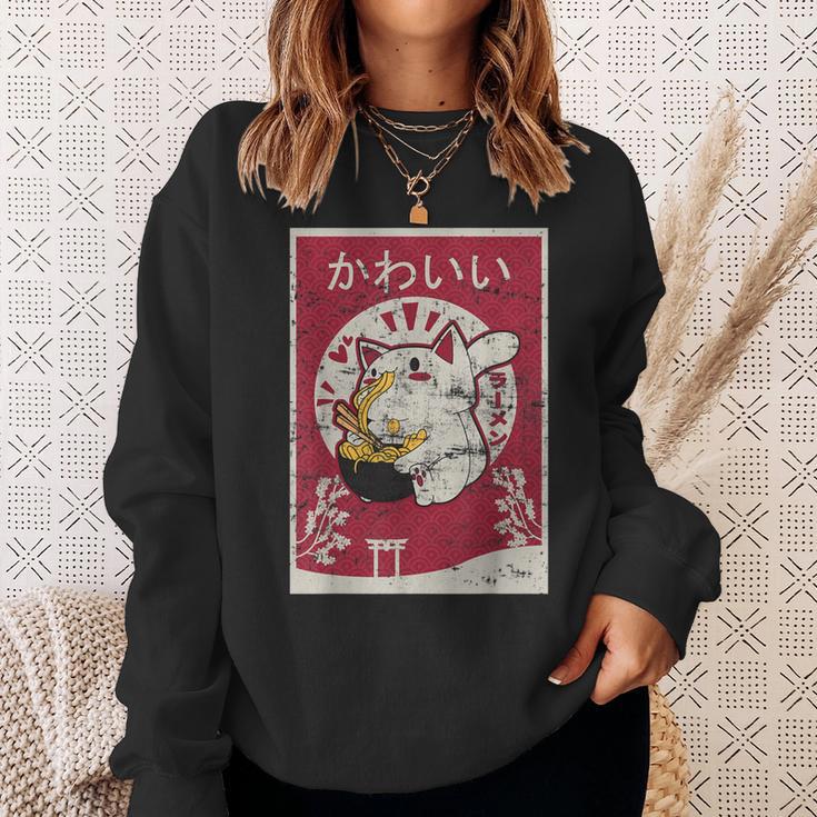 Anime Ramen Cat Retro Japanese Wooden Blockintage Kawaii Cat Sweatshirt Geschenke für Sie