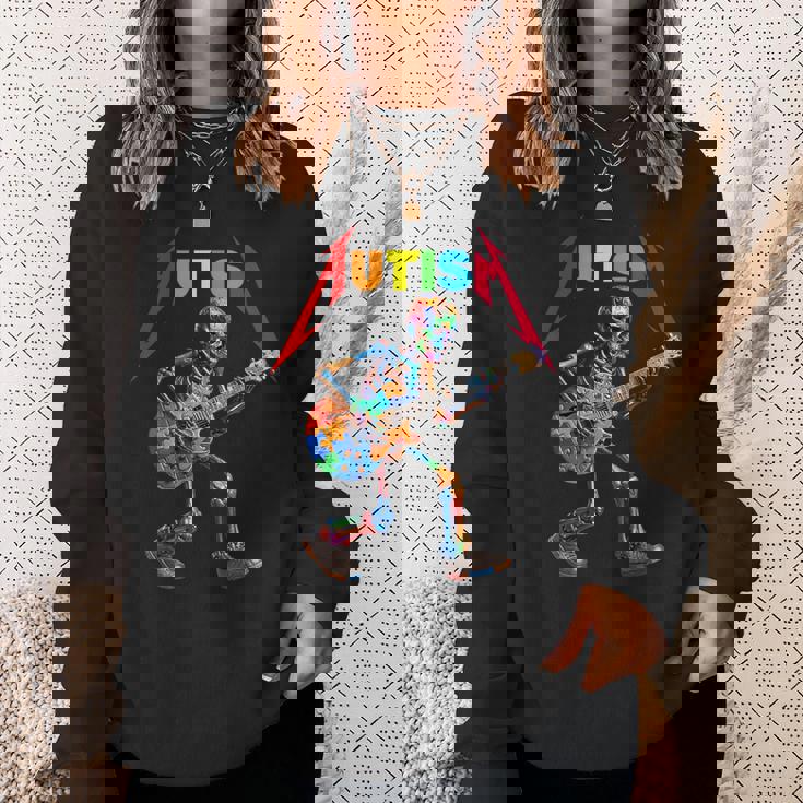 Autism Skeleton Guitar Rock Puzzle Music Autism Awareness Sweatshirt Gifts for Her