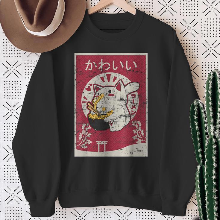 Anime Ramen Cat Retro Japanese Wooden Blockintage Kawaii Cat Sweatshirt Geschenke für alte Frauen