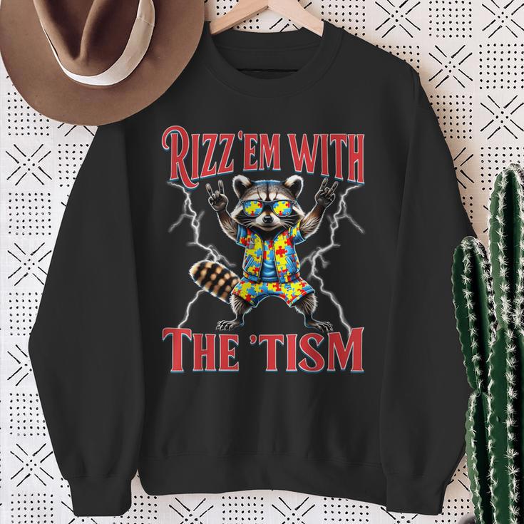 Autism Rizz Em With The Tism Meme Autistic Racoon Hand Rock Sweatshirt Gifts for Old Women