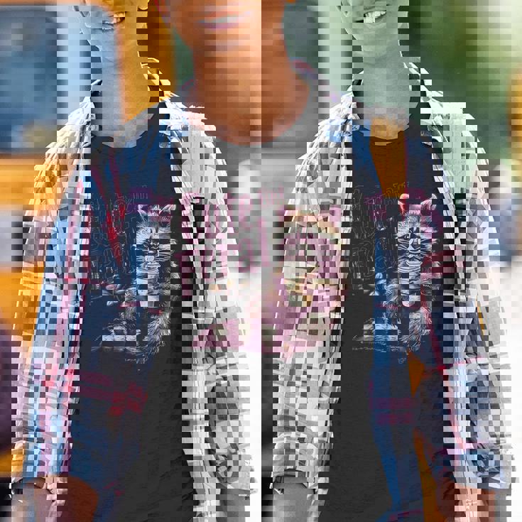 Youth T-Shirt with Groovy Dumpster Fire Raccoon Graphic