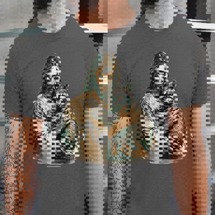 Vintage Distressed Jesus Hugging Raccoon Raccoon Lover Unisex Jersey T-Shirt