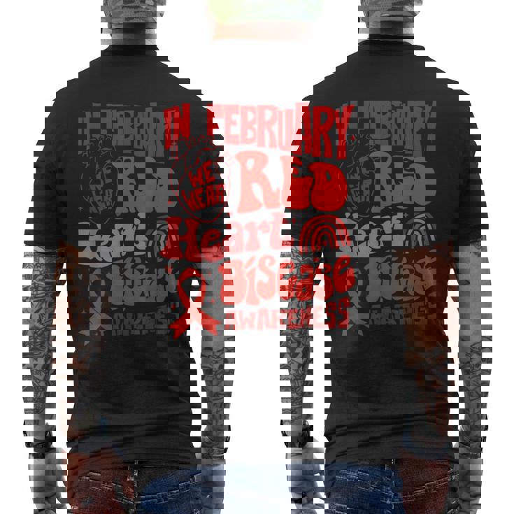 In February We Wear Red Heart Disease Awareness Red Ribbon Men's Back Print T-Shirt