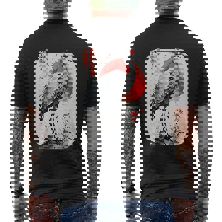 Grulla De Arte Tradicional Japonés Y Atardecer Rojo Japonés Kanji Camiseta Hombre Estampado Espalda
