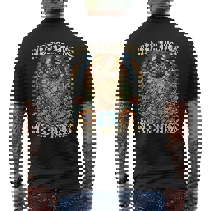 Retro Southern Sunset Cowgirl Wild Flowers Wild Horses Men's T-shirt Back Print