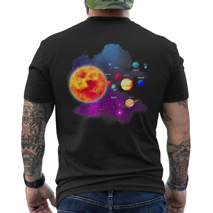 Solar System Motif With Sun Planets Stars Galaxies T-Shirt mit Rückendruck