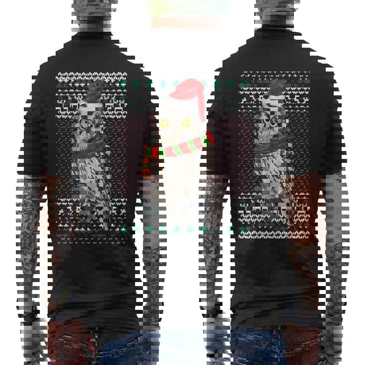 Xmas Santa Hat Whiskered Screech-Owl Ugly Christmas Men's Back Print T-Shirt