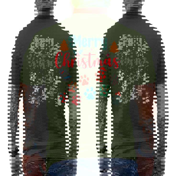 Merry Christmas Lights Dog Paw Red Plaid Dog Love Xmas Men's T-shirt Back Print