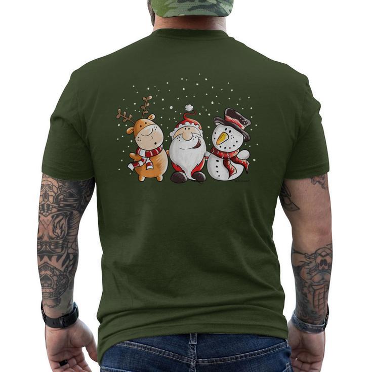 Santa Claus Reindeer And Snowman In The Snow I Christmas T-Shirt mit Rückendruck