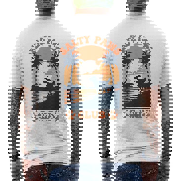 Retro Dog Beach Day Salty Paws Print Summer Ocean Sunset Men's Back Print T-Shirt