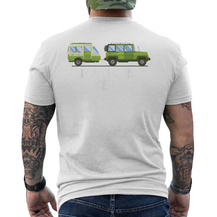 RV There Yet Camper Trailer Behind 4 Wheel Drive Vehicle Tee Men's Back Print T-Shirt