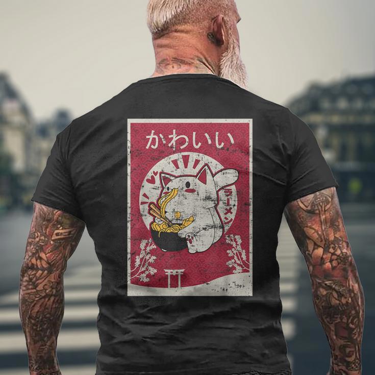 Anime Ramen Cat Retro Japanese Wooden Blockintage Kawaii Cat T-Shirt mit Rückendruck Geschenke für alte Männer