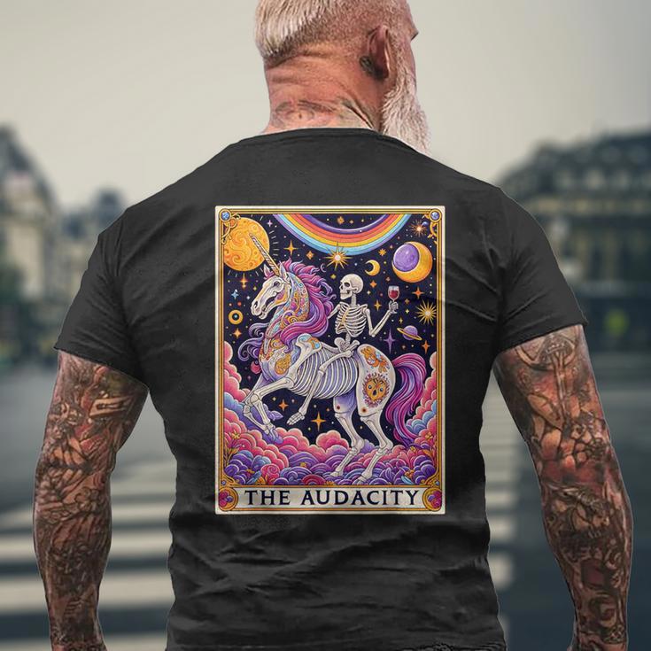 The Audacity Tarotkarte Regenbogen Skelett Einhorn Liebhaber T-Shirt mit Rückendruck Geschenke für alte Männer