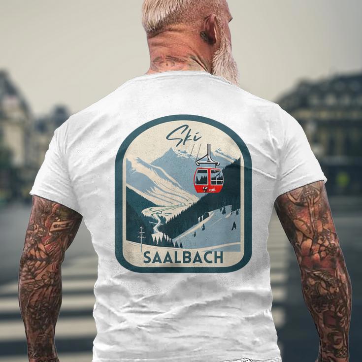 Ski Saalbach Retrointage Style Saalbach Skiing Gray T-Shirt mit Rückendruck Geschenke für alte Männer