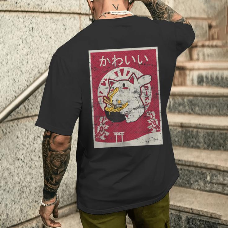 Anime Ramen Cat Retro Japanese Wooden Blockintage Kawaii Cat T-Shirt mit Rückendruck Geschenke für Ihn