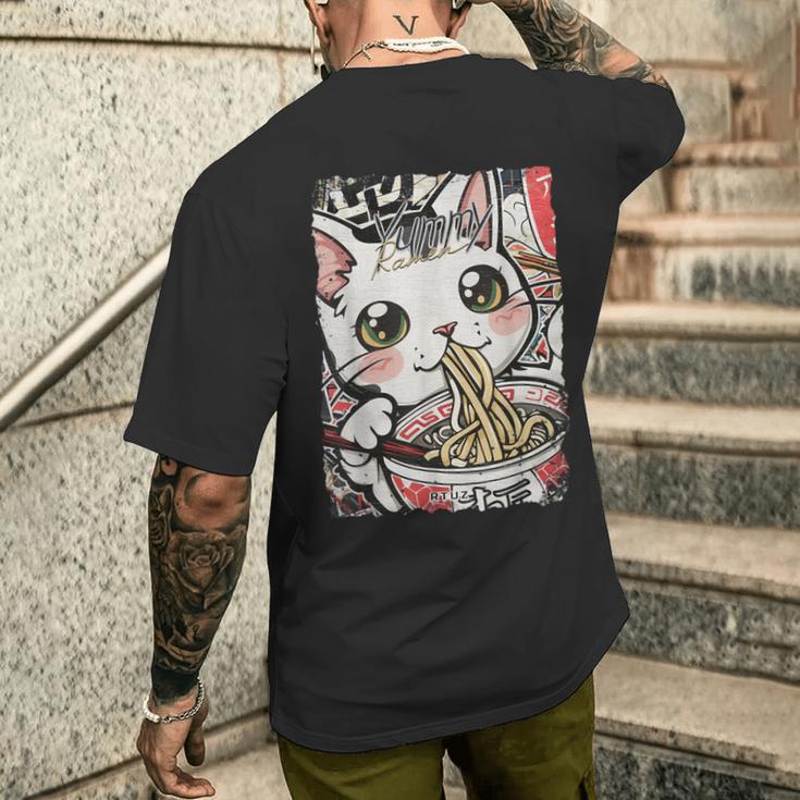 Cat Ramen Noodle Japanese Anime Manga Ramen Kawaii Cat T-Shirt mit Rückendruck Geschenke für Ihn