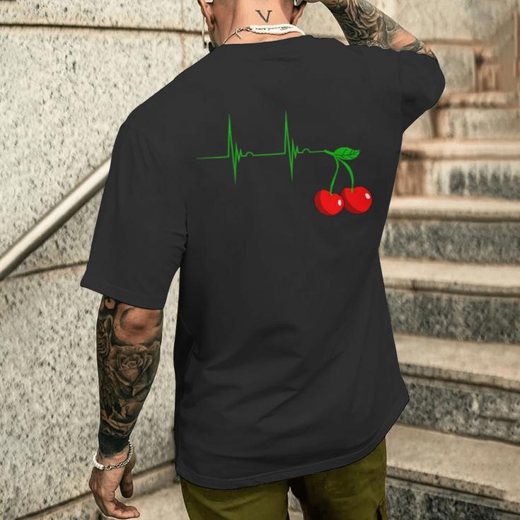 Cherry Heartbeat Cherries Fruits Ecg Pulse T-Shirt mit Rückendruck Geschenke für Ihn