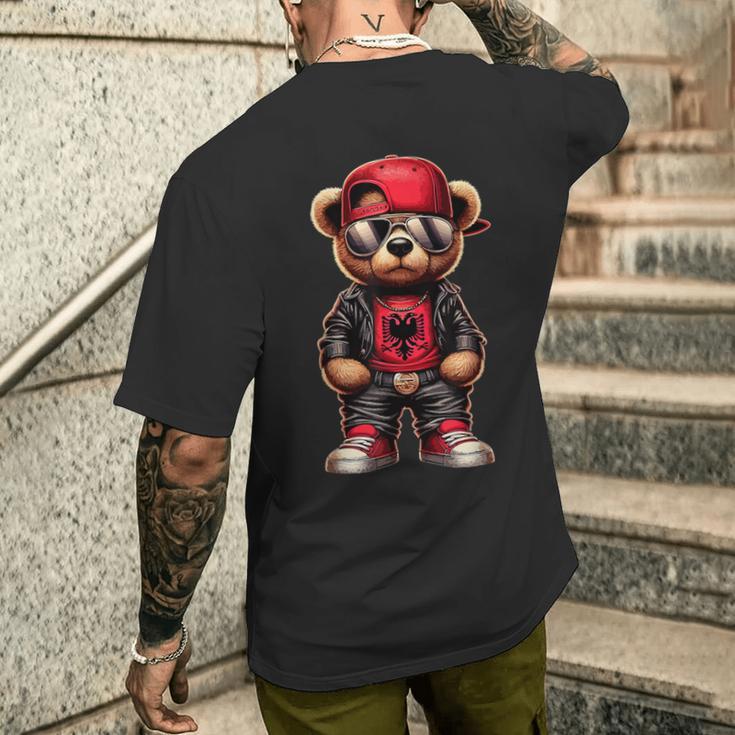 Cool Albanian Teddy Bear Albania Flag Outfit Street T-Shirt mit Rückendruck Geschenke für Ihn