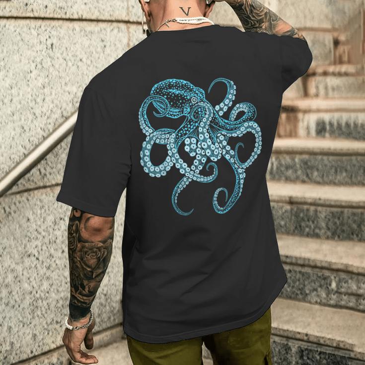 Deep Sea Blue Octopus In Combat Posture T-Shirt mit Rückendruck Geschenke für Ihn