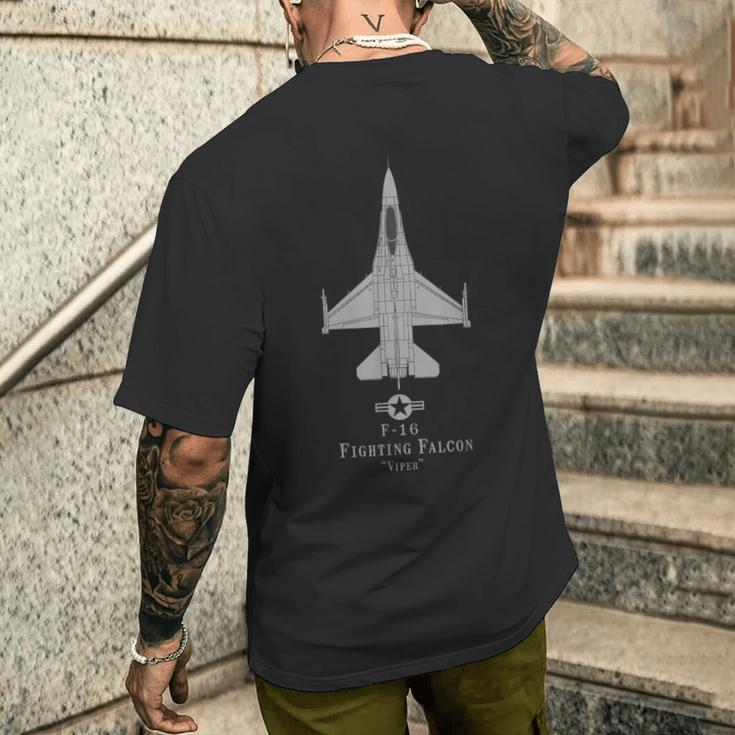 F-16 Fighting Falcon Tech Drawing Military Plane T-Shirt mit Rückendruck Geschenke für Ihn