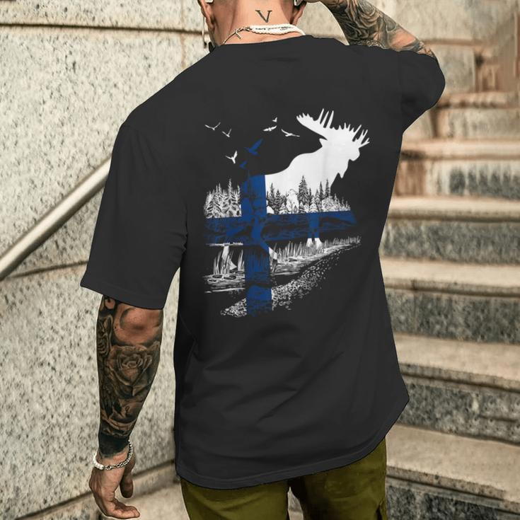 Finland Flag Elk Finland T-Shirt mit Rückendruck Geschenke für Ihn