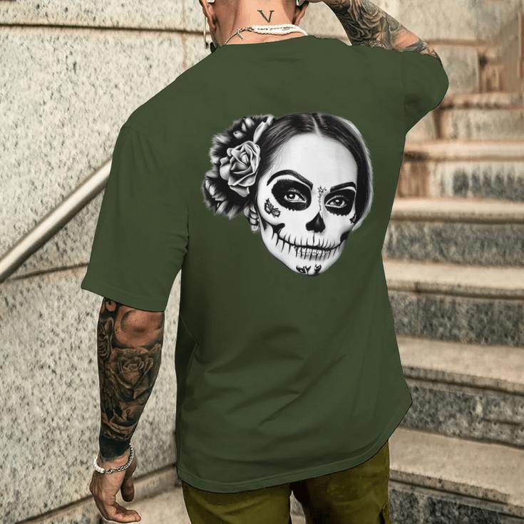 Beautiful La Catrina Santa Muerte Mexican T-Shirt mit Rückendruck Geschenke für Ihn