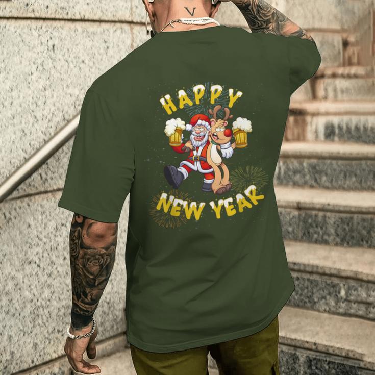 Happy New Year Santa With Rudolph The Reindeer Party T-Shirt mit Rückendruck Geschenke für Ihn