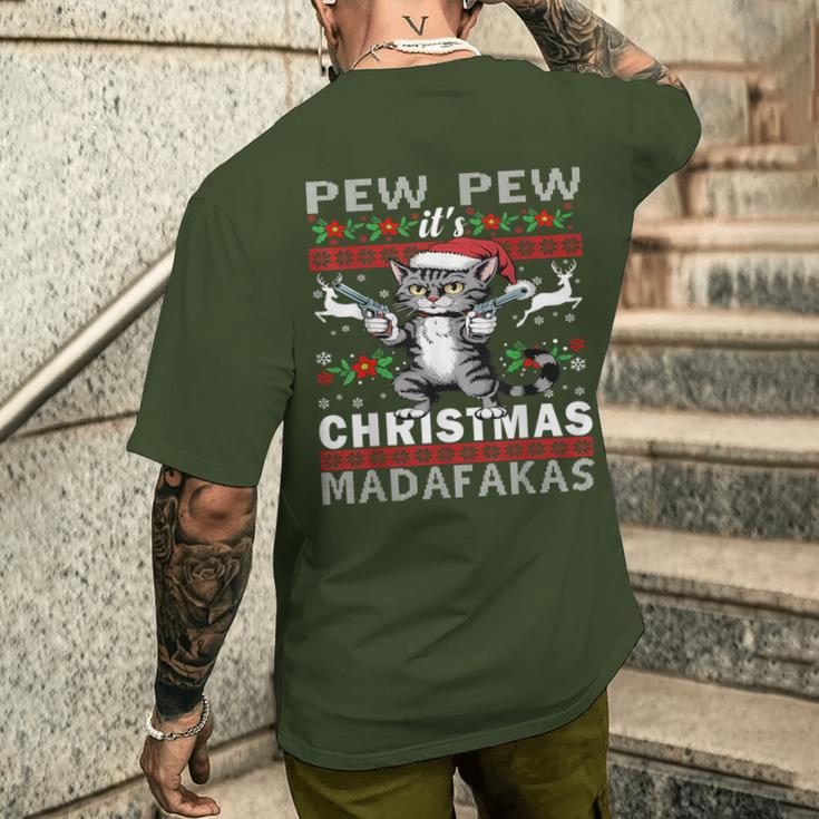 Pew Pew It's Christmas Madafakas Cat Santa T-Shirt mit Rückendruck Geschenke für Ihn