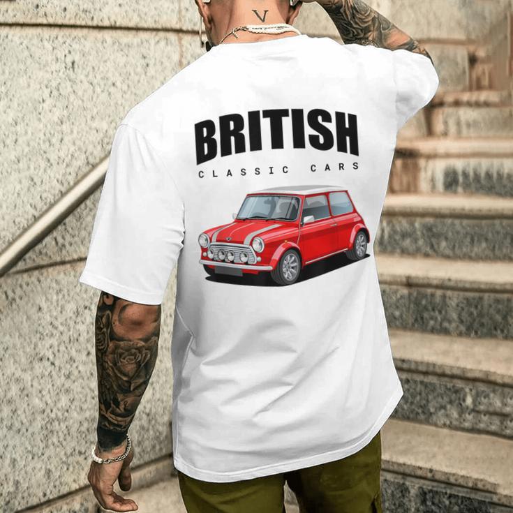 British Classic Car Red Mini Sports Car Gray T-Shirt mit Rückendruck Geschenke für Ihn