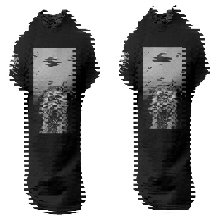 Alien UFO Raccoon Tee - American Flag Sleeve Shirt for Men, Women & Kids