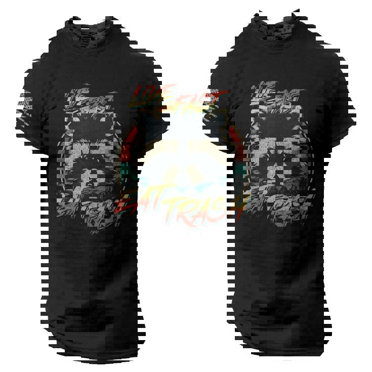 Live Fast Eat Trash Retro Trash Panda Raccoon American Flag On Sleeve Men Tee USA Flag T-Shirt