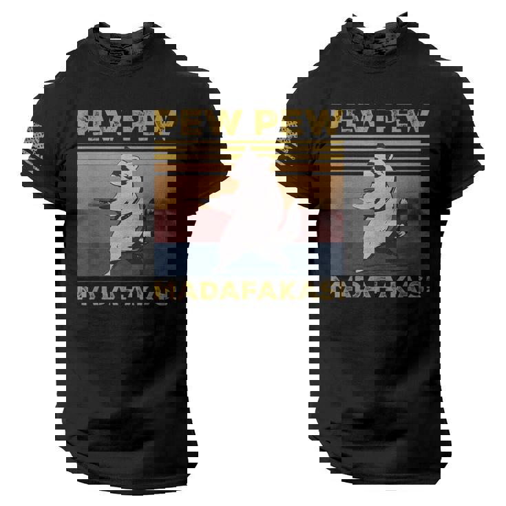 Pew Pew Madafakas Raccoon Lover Vintage Retro American Flag On Sleeve Men Tee USA Flag T-Shirt