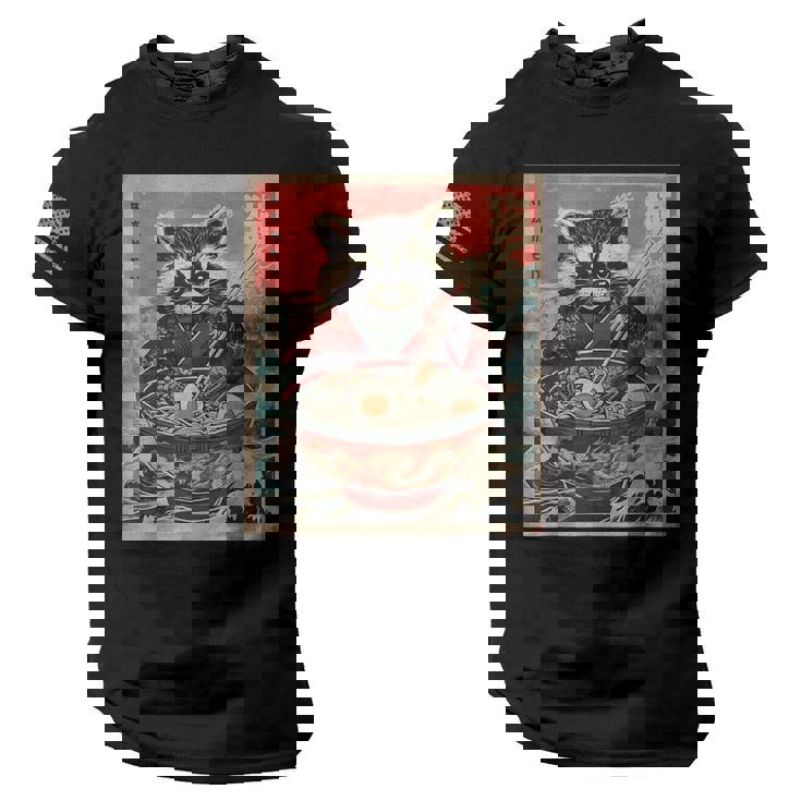Raccoon Ramen Anime Men's Tee - USA Flag Sleeve | Fun Raccoon Design