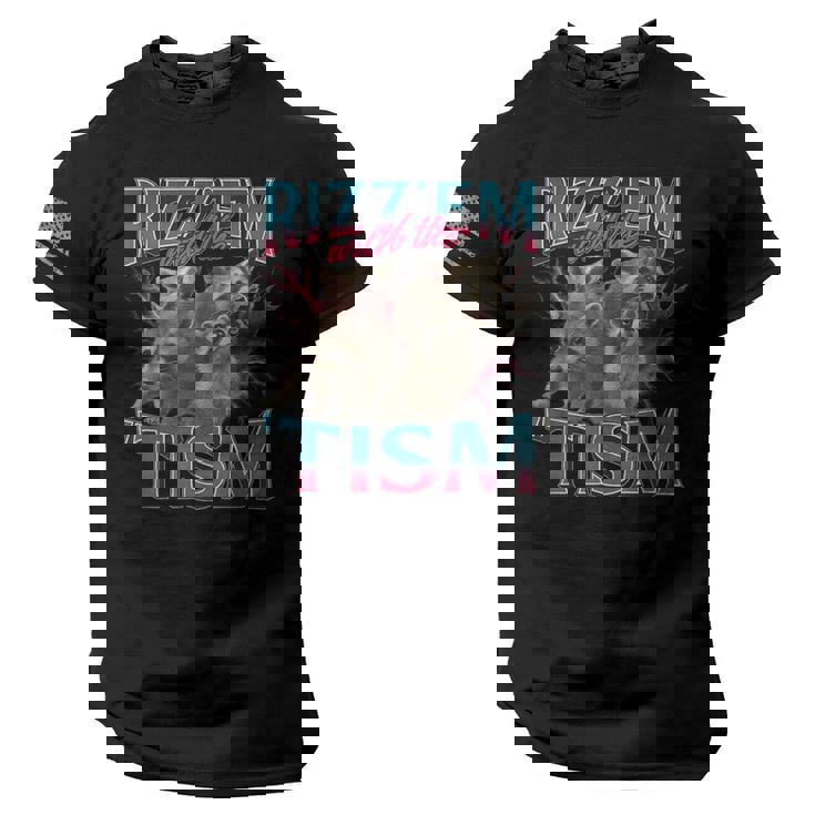 Rizz Em With The Tism Meme Autism Autistic Raccoon American Flag On Sleeve Men Tee USA Flag T-Shirt