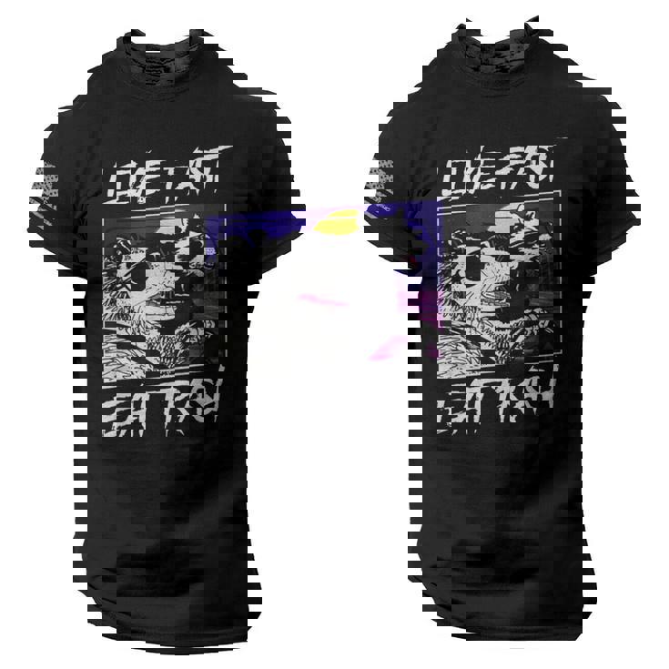 Street Cats Trash Pandas Enthusiasts Live Fast Eat Trash Panda Raccoon Opossum Enthusiasts -Adults Cotton Blend American Flag On Sleeve Men Tee USA Flag T-Shirt