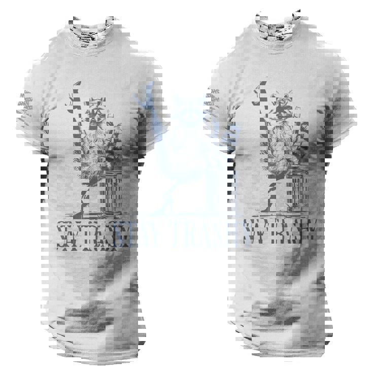 Stay Trashy Raccoon Halloween Men’s T-Shirt | USA Flag Sleeve