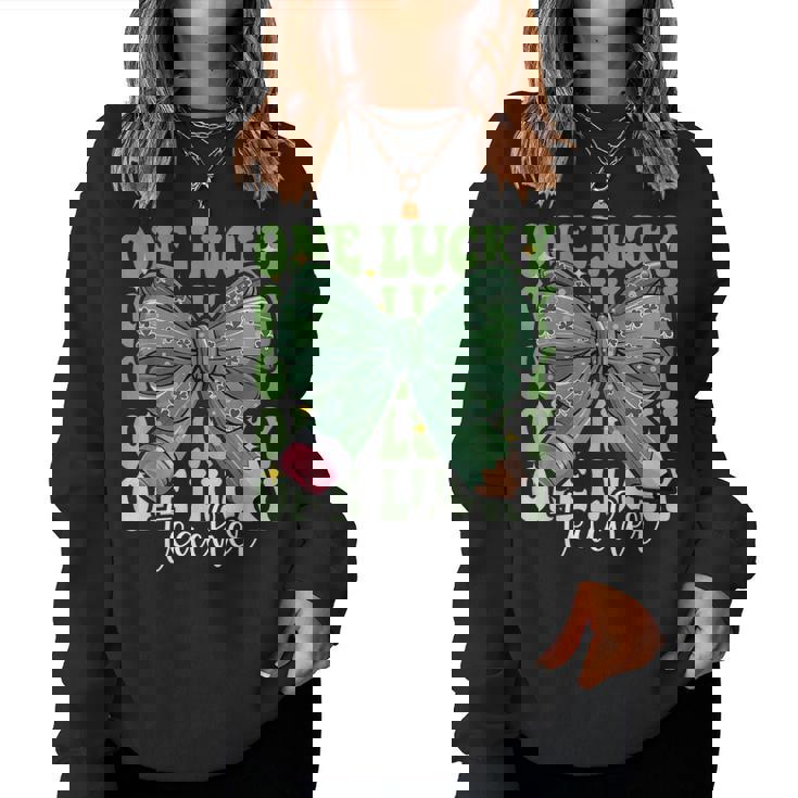 One Lucky Teacher Coquette Bow St Patricks Day Teacher Women Sweatshirt