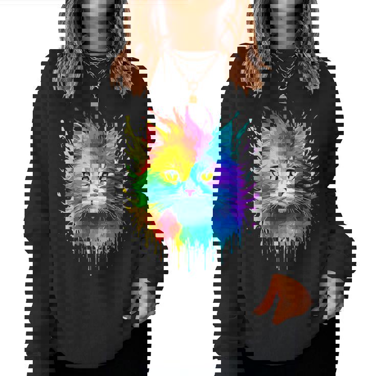Rainbow Cat Realistic Watercolor Cute Cat Paint Colorful Cat Women Sweatshirt