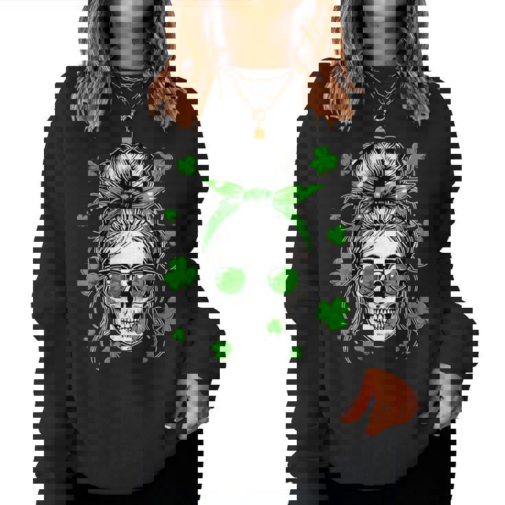 Skull Woman Messy Bun Hair Sunglasses Patrick's Day Clovers Women Sweatshirt