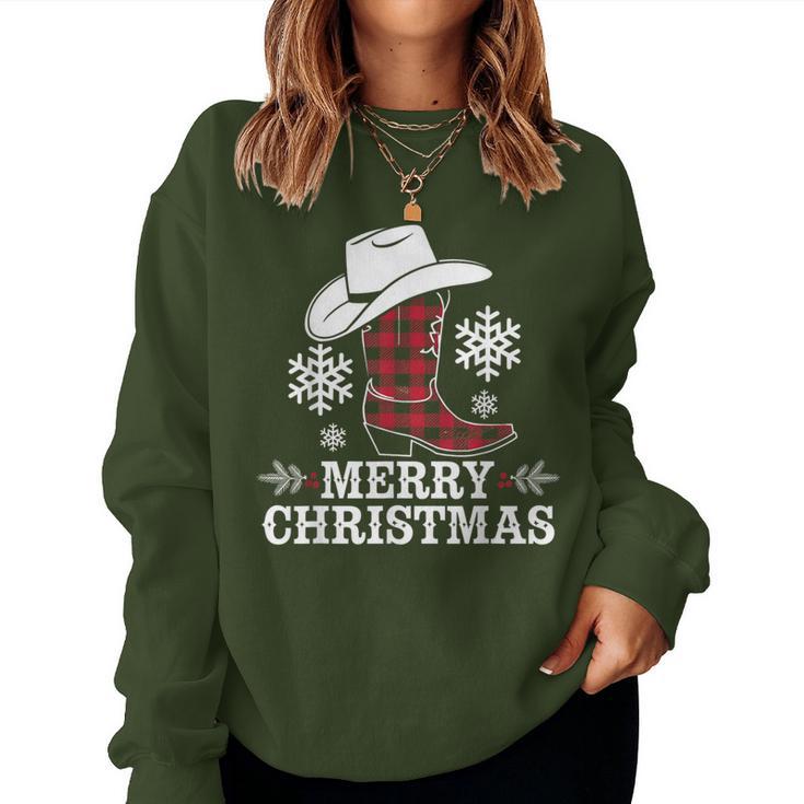 Christmas Cowboy Boots Checked Xmas Western Country Cowgirl Sweatshirt Frauen