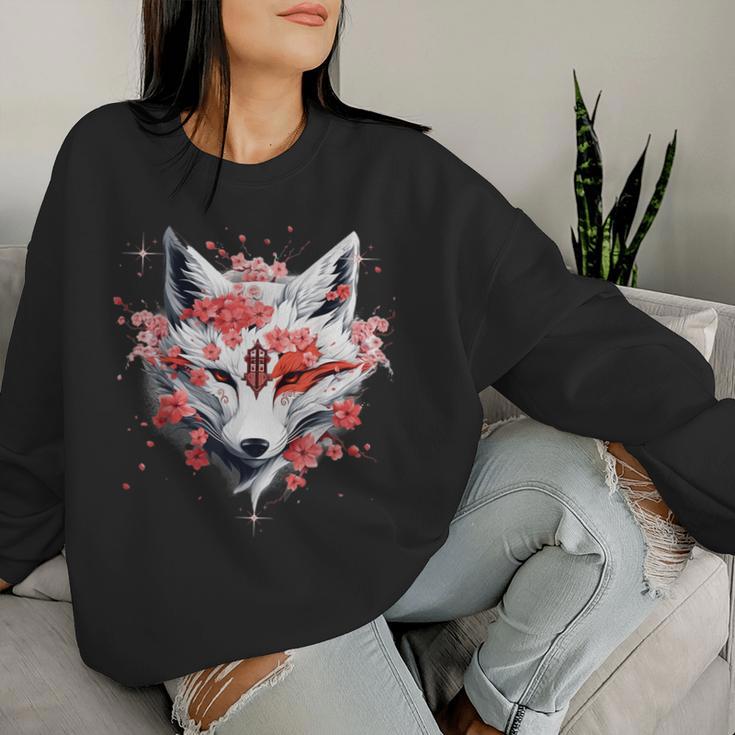 Kitsune Fox Mask Japanese Anime Kawaii Blossom Cherry Flower Sweatshirt Frauen Geschenke für Sie