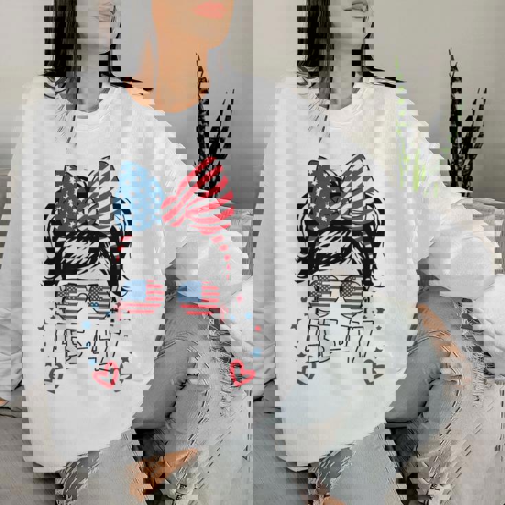 N Girl 45-47 Trump Messy Bun 2024 Usa Flag Youth Women Sweatshirt Gifts for Her