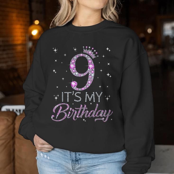 9 It's My Birthday Pink Crown Happy 9Th Birthday Girl Sweatshirt Frauen Lustige Geschenke