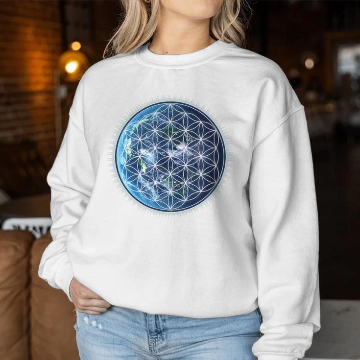 Flower Of Life With Earth Sacred Geometry Yoga Blue Sweatshirt Frauen Lustige Geschenke