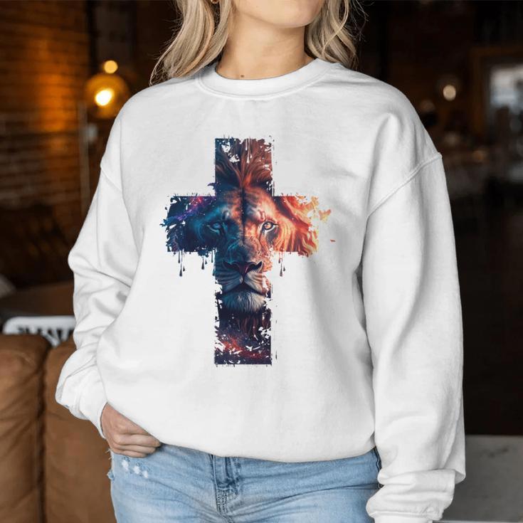 Lion Of Judah Cross Jesus Christ Christian Faith Graphic Blue Sweatshirt Frauen Lustige Geschenke